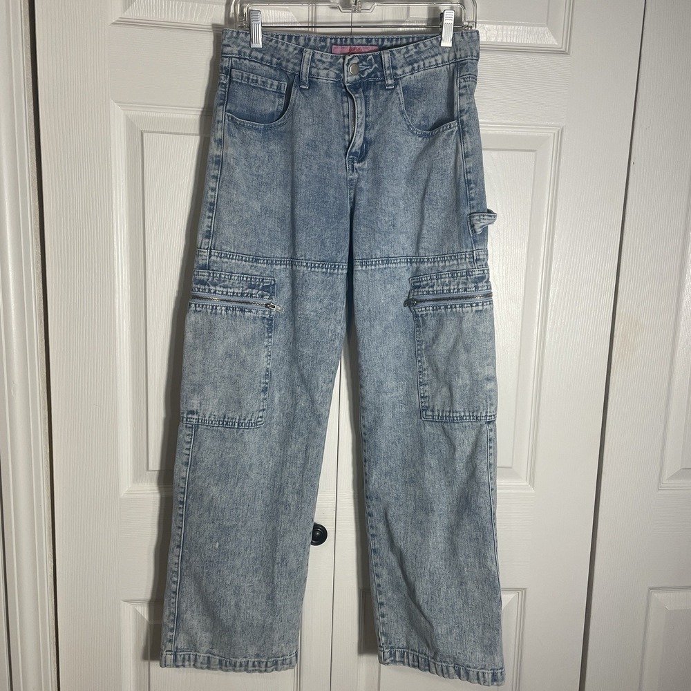 Vintage Y2K Sweet Stitch Cargo Jeans Women M Blue Light Wash Denim Baggy Utility